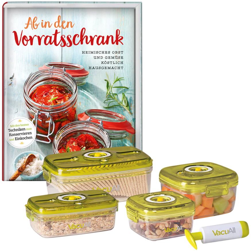 Set: Buch »Ab in den Vorratsschrank« + 4er-Set Vakuum-Frischhalteboxen